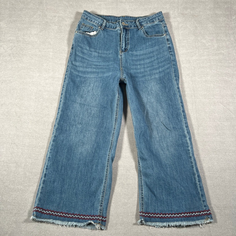 Comfort Denim Wide Leg Raw Hem High Rise Crop Jeans Womens 12 Blue Embroidered